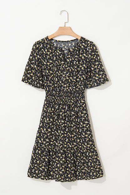 Boho Floral V Neck Smocked Waist Mini Dress