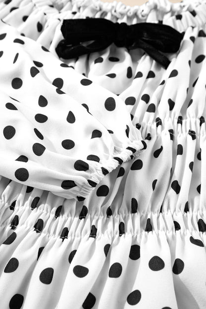 Polka Dot Puff Sleeve Bow Square Neck Peplum Top