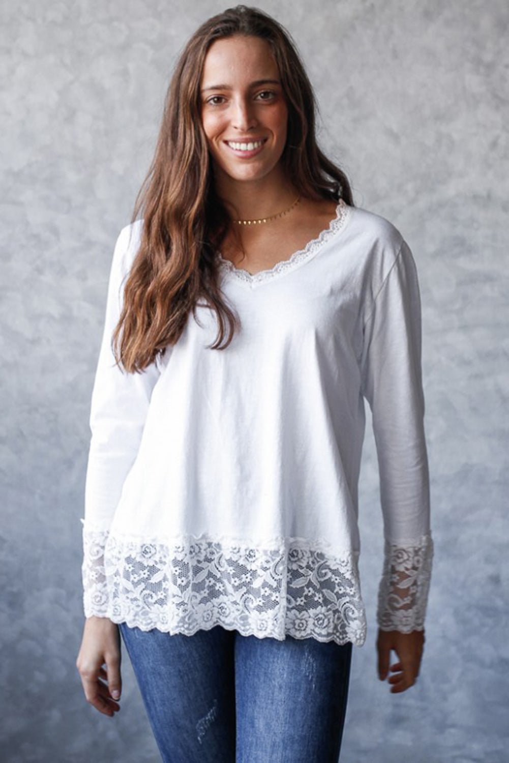 White V Neck Lace Trim Long Sleeve Soft Casual Top
