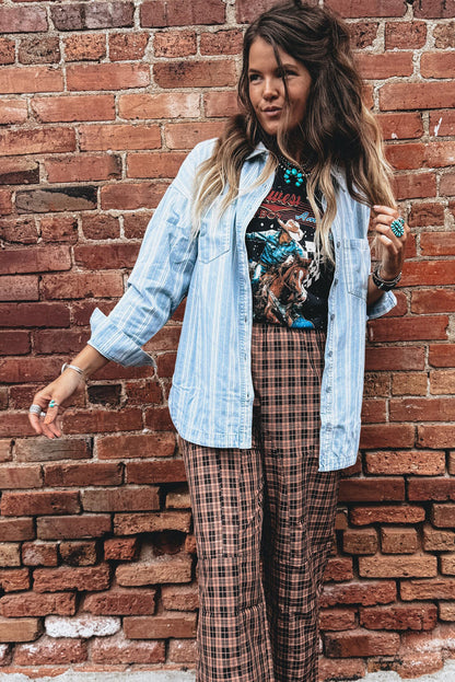 Striped Denim Shacket for Women Button Down Shirt Jacket