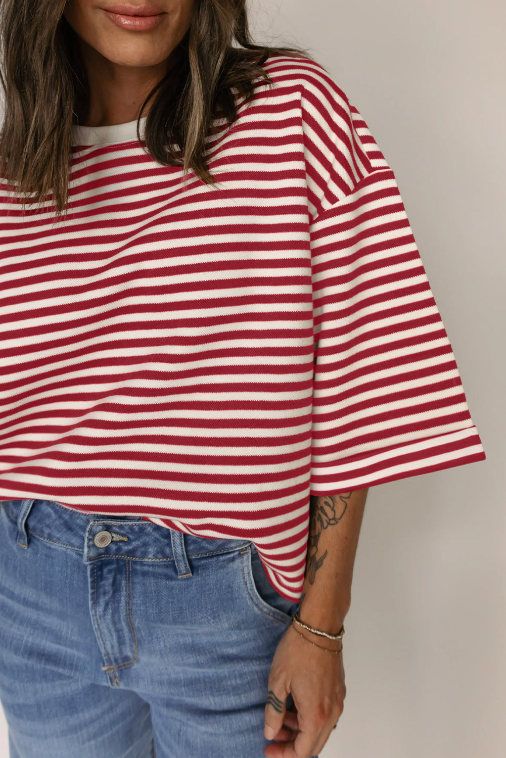 Red Stripe Bow Cutout Back Drop Shoulder Loose Tee