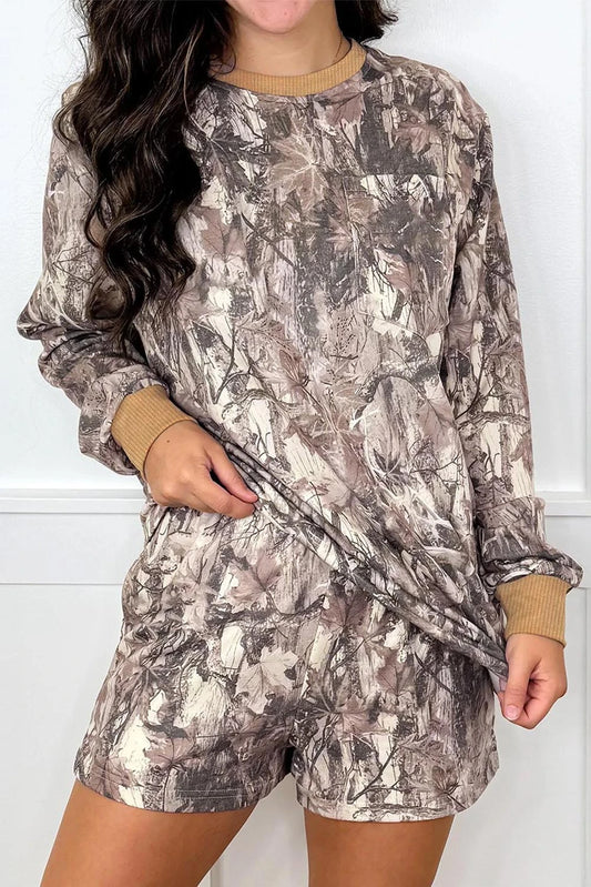Khaki Camo Two-Piece Set Long Sleeve Top & Shorts