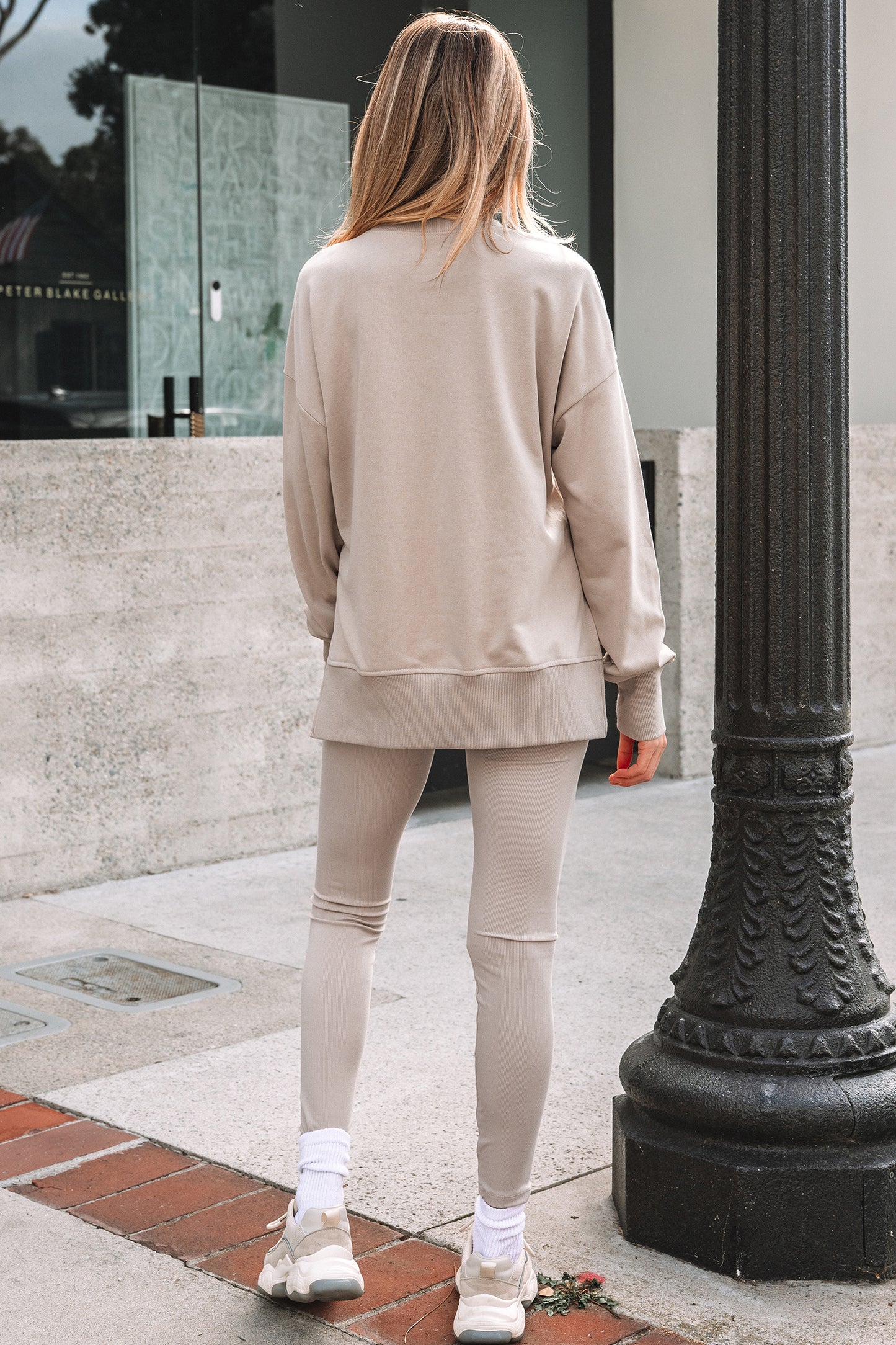 Solid Oversize Slit Sweatshirt with Ribbed Leggings Set