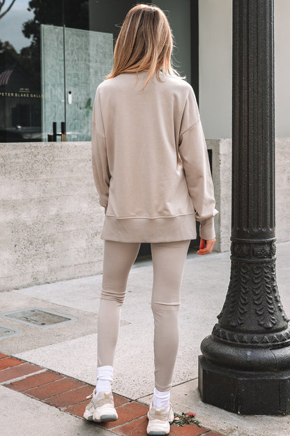 Solid Oversize Slit Sweatshirt with Ribbed Leggings Set