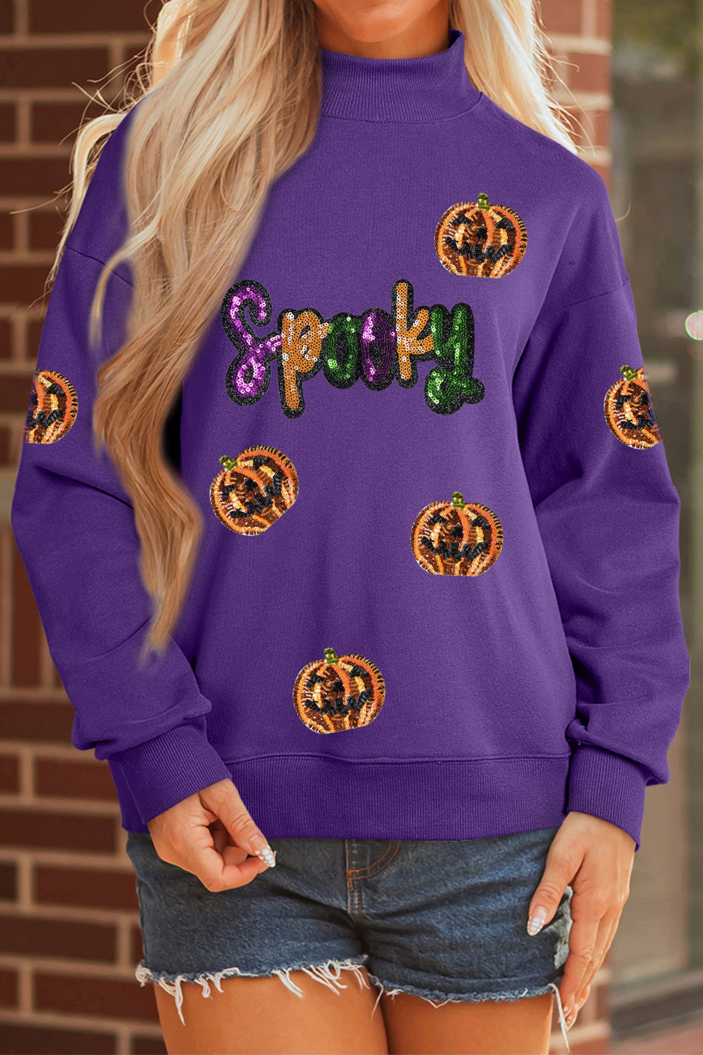 Sequin Pumpkin Spooky Mock Neck Halloween Sweatshirt