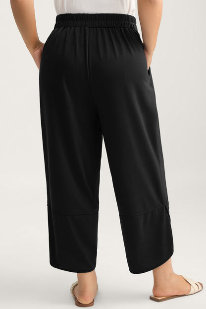 Black Plus Size Elastic Waist Asymmetrical Loose Capris Pants