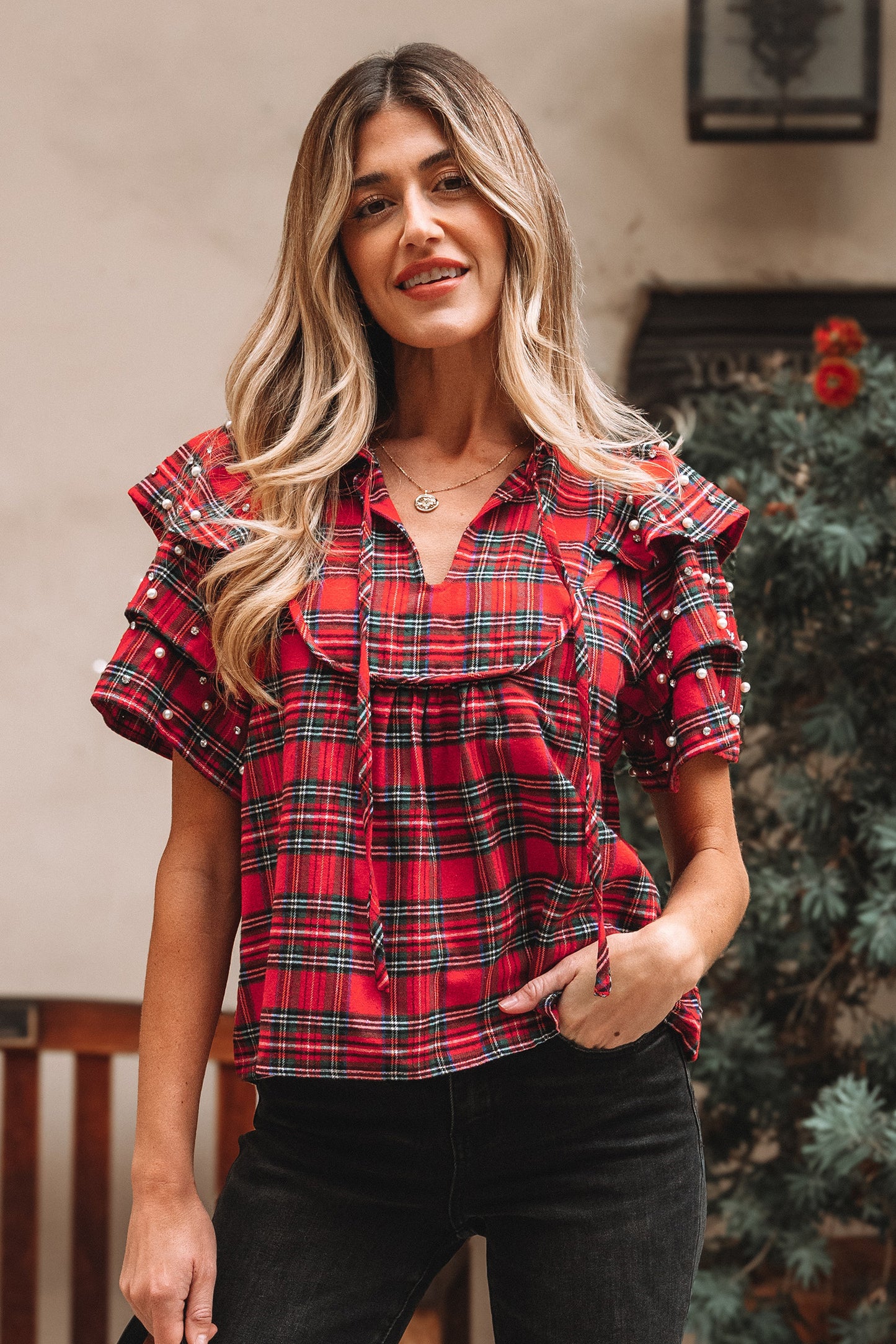 Red Christmas Plaid Pearl Ruffle Short Sleeve Holiday Blouse