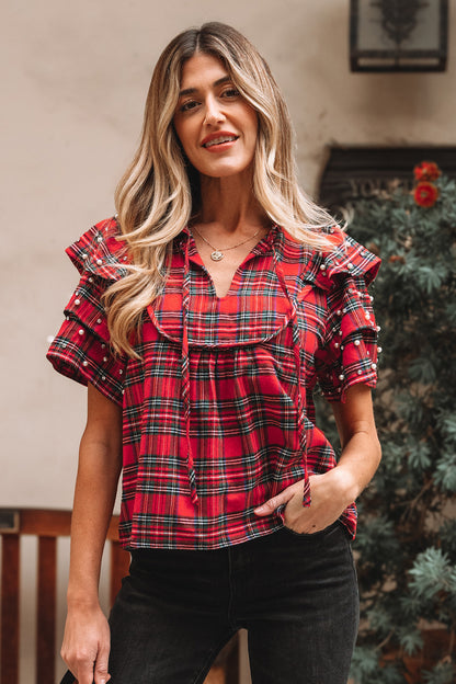 Red Christmas Plaid Pearl Ruffle Short Sleeve Holiday Blouse