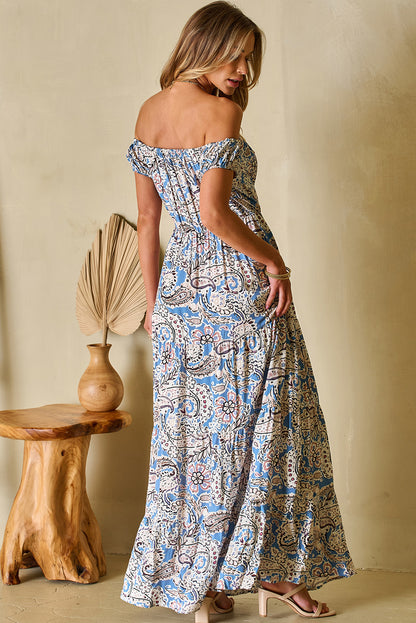 Blue Boho Paisley Off Shoulder Smocked Maxi Dress