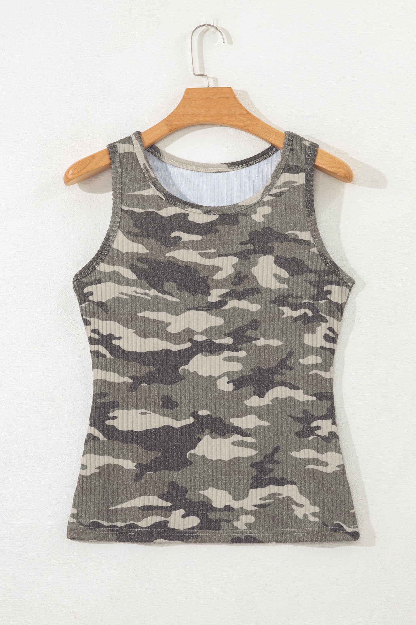 Green Camo Ribbed Knit Scoop Neck Tank Top