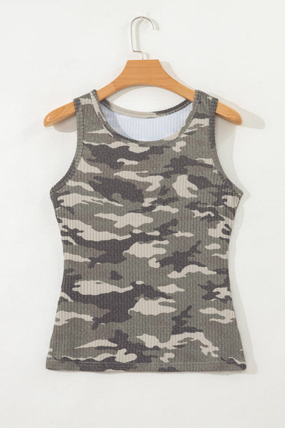 Green Camo Ribbed Knit Scoop Neck Tank Top
