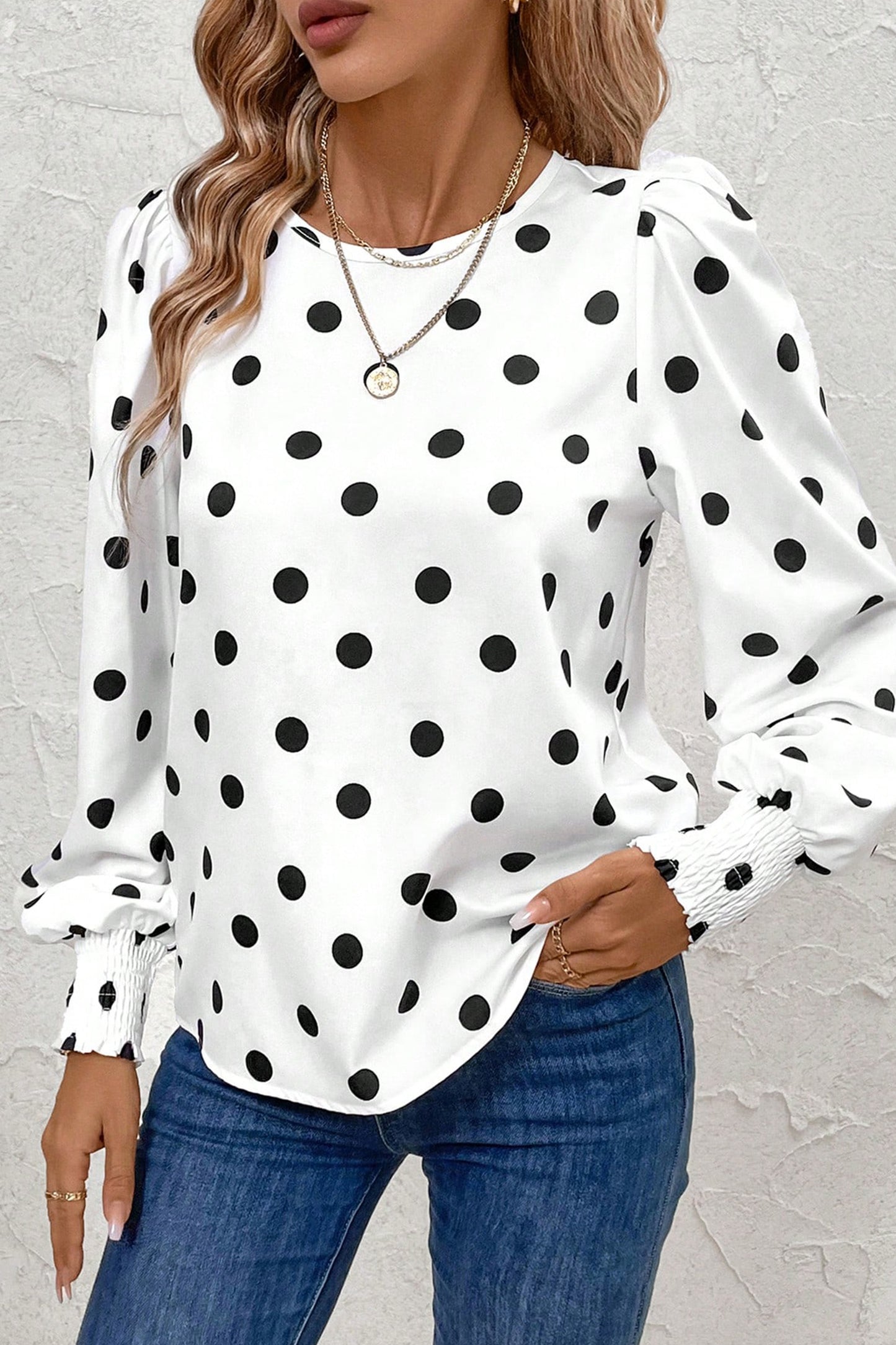 White Polka Dot Blouse Smocked Cuff Puff Sleeve Top