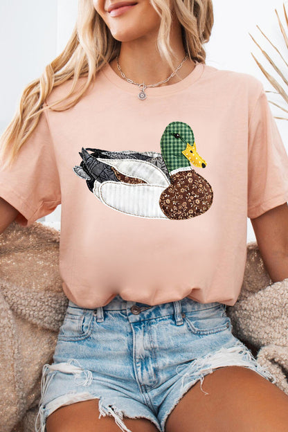 Pink Patchwork Duck Graphic Casual Crewneck Tee