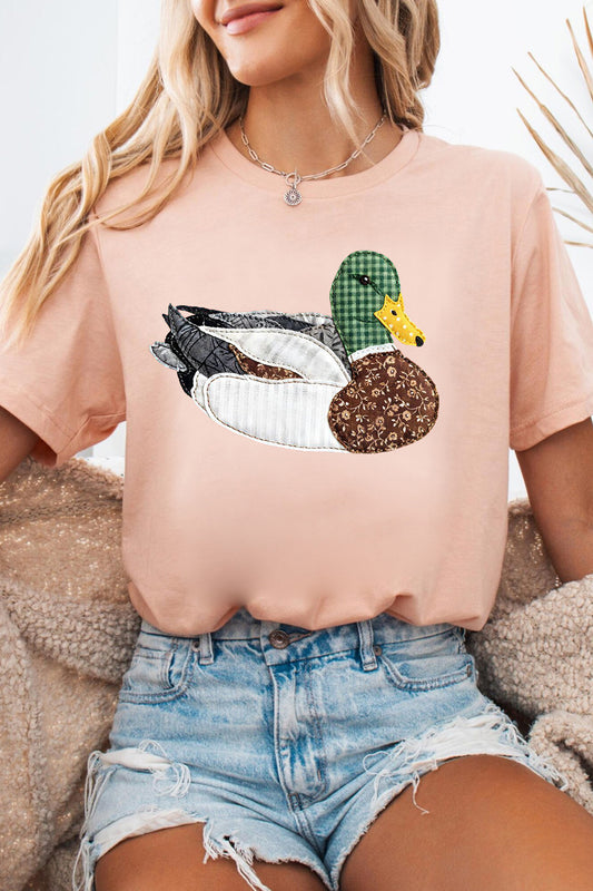 Pink Patchwork Duck Graphic Casual Crewneck Tee