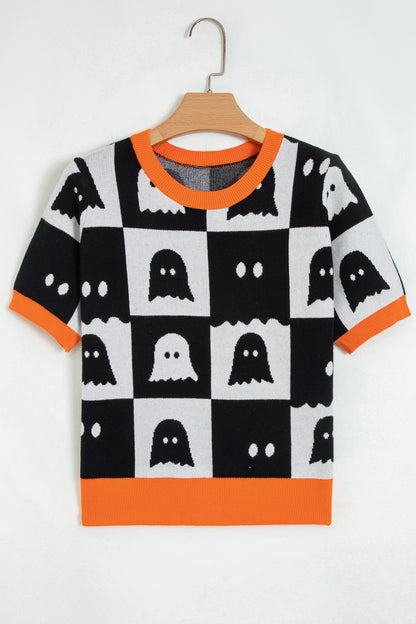 Halloween Ghost Checkered Short Sleeve Knit Sweater