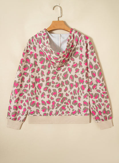 Rose Leopard Print Zip Up Hoodie with Pockets
