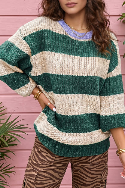 Green Stripe Drop Shoulder Knit Pullover Sweater