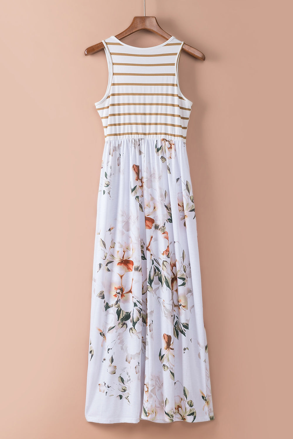 Striped Floral Sleeveless Maxi Dress with Pockets