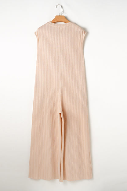 Textured Wide Leg Jumpsuit Sleeveless Button Front
