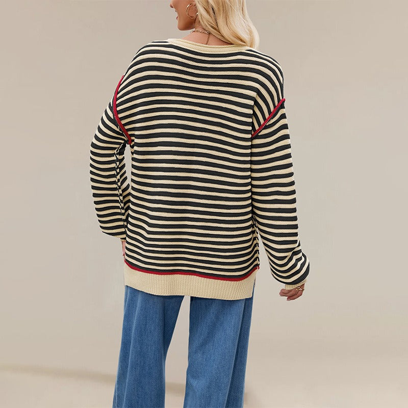 Striped Crewneck Knit Sweater - Loose Fit Pullover Top