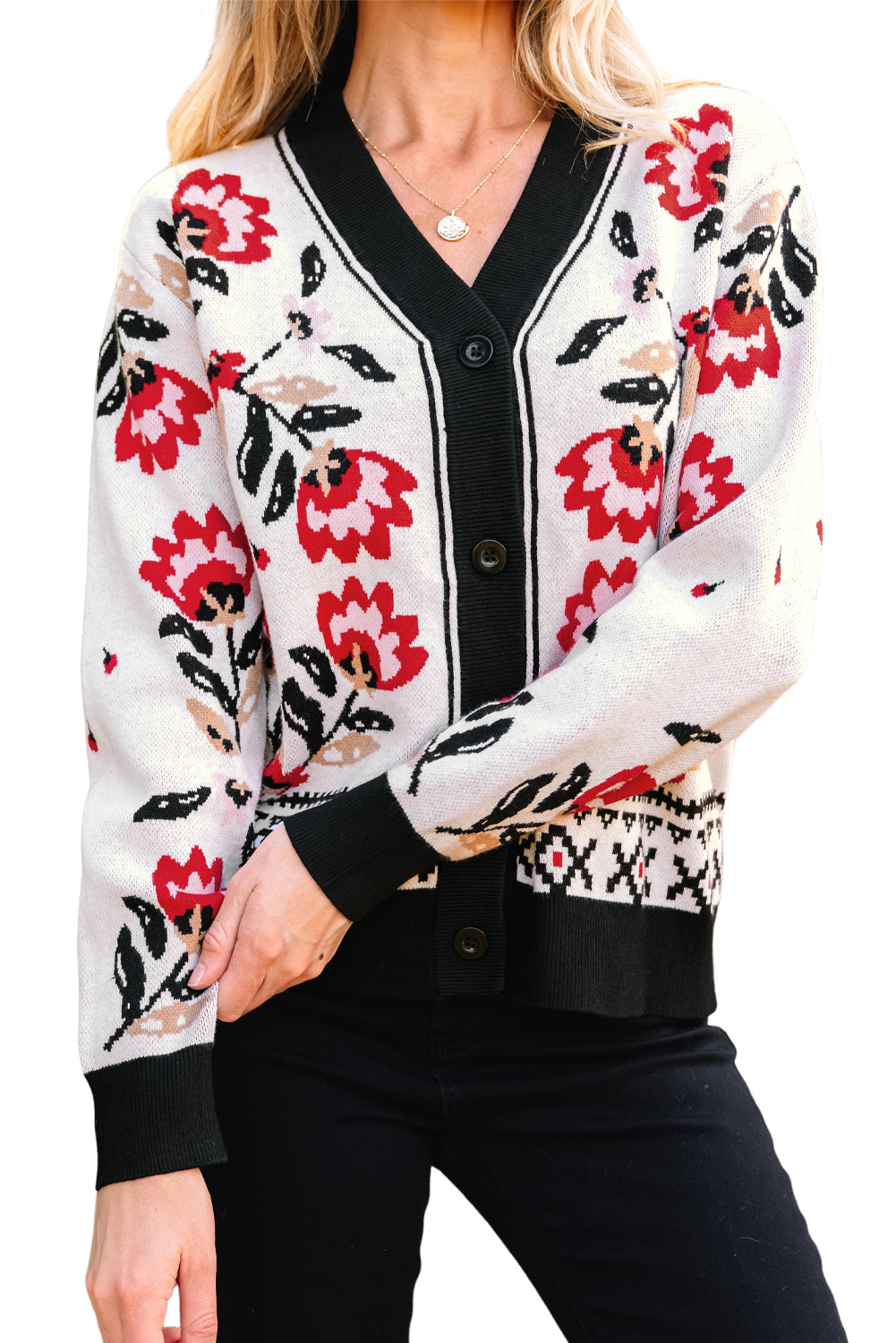 Floral V Neck Button Front Knit Cardigan Sweater
