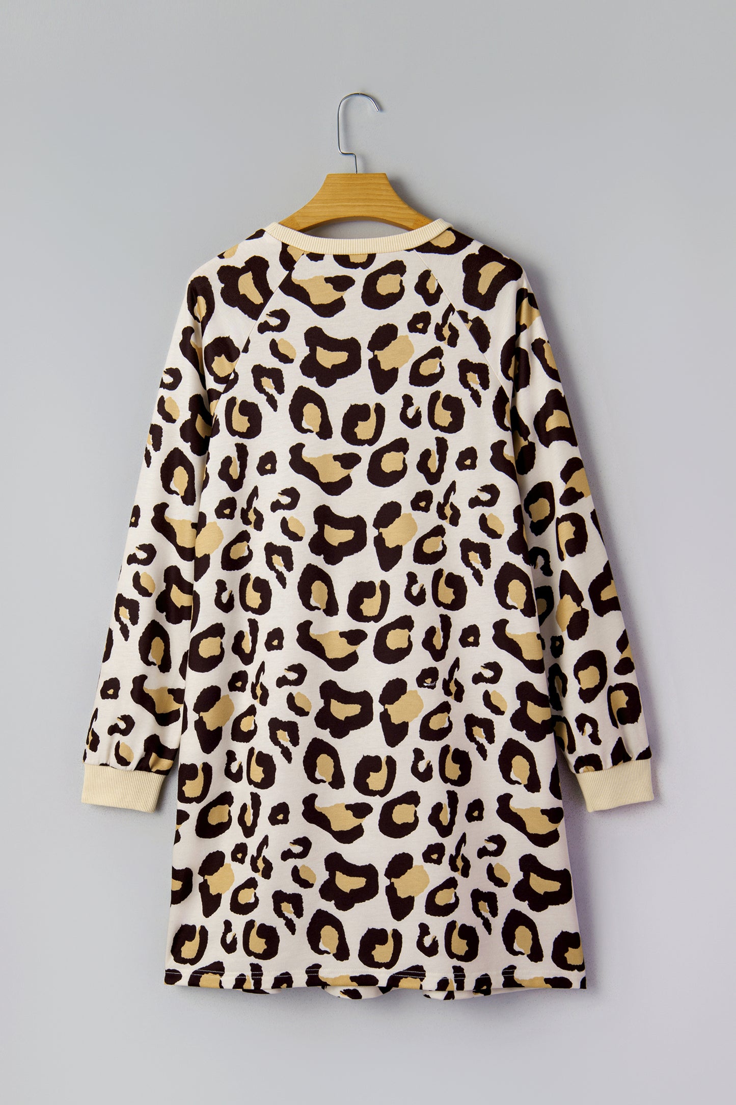 Khaki Leopard Long Sleeve T Shirt Shift Dress with Pockets