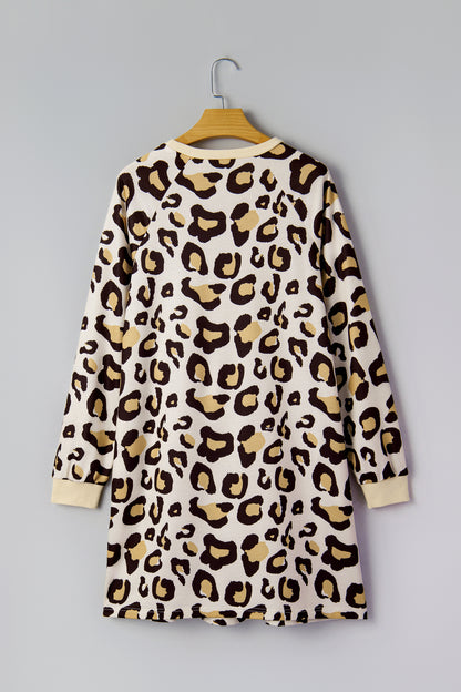 Khaki Leopard Long Sleeve T Shirt Shift Dress with Pockets