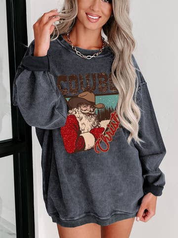 Cowboy Christmas Santa Graphic Corded Knit Sweatshirt