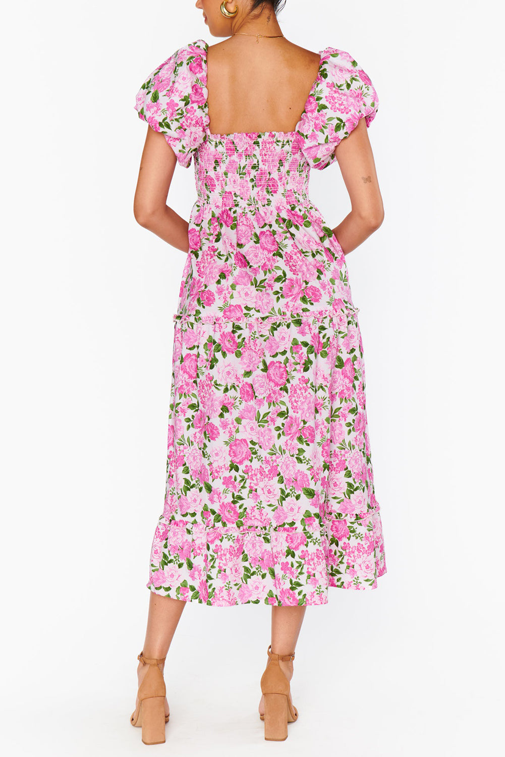 Easter Pink Floral Square Neck Puff Sleeve Maxi Dress