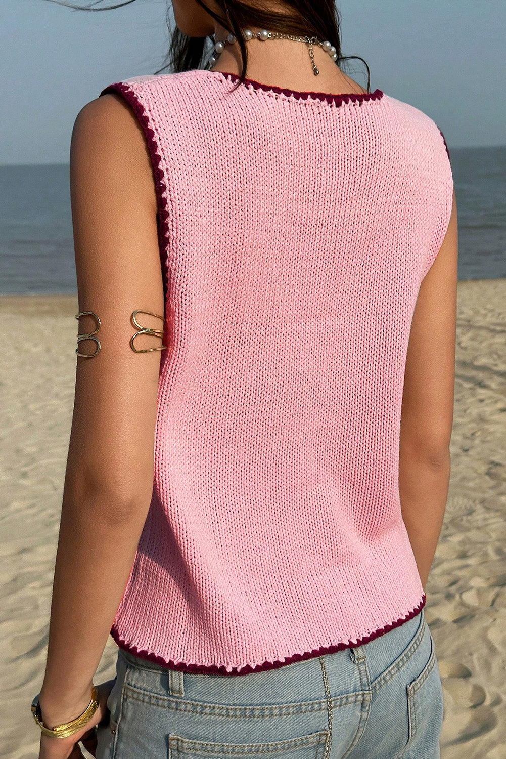 Pink Contrast Trim Button Front Knit Sweater Vest