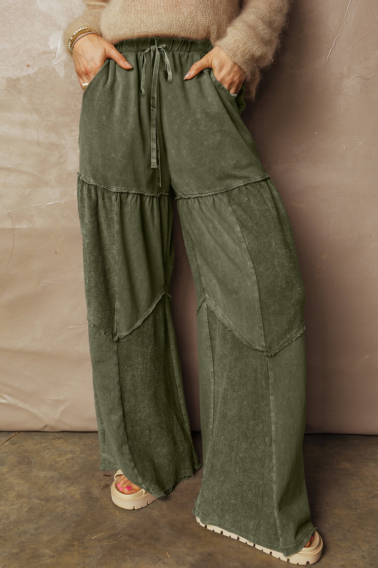 Women's Black Mineral Wash Wide Leg Patchwork Pants