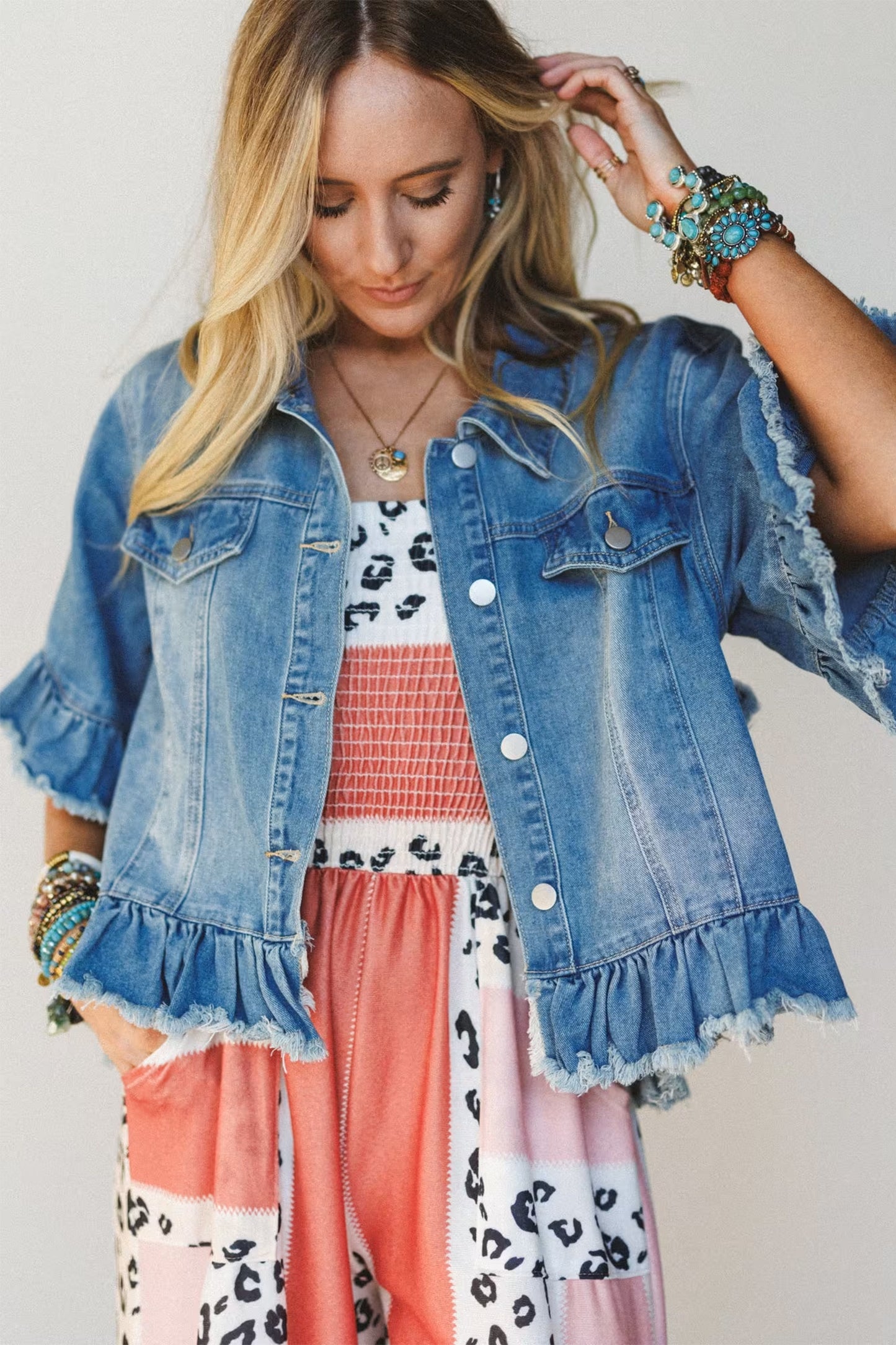 Ruffle Trim Raw Hem Half Sleeve Cropped Denim Jacket