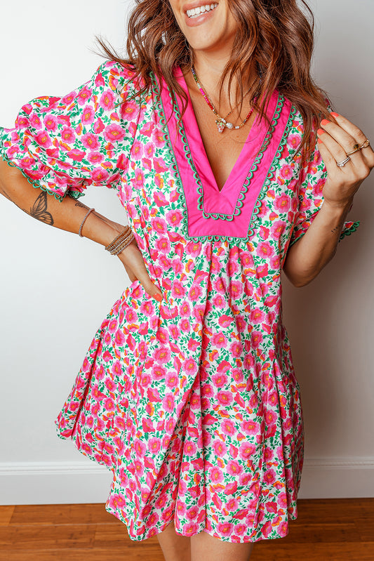 Pink Floral V Neck Puff Sleeve Mini Dress