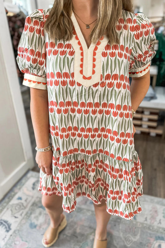 Tulip Floral Print Puff Sleeve V Neck Mini Dress