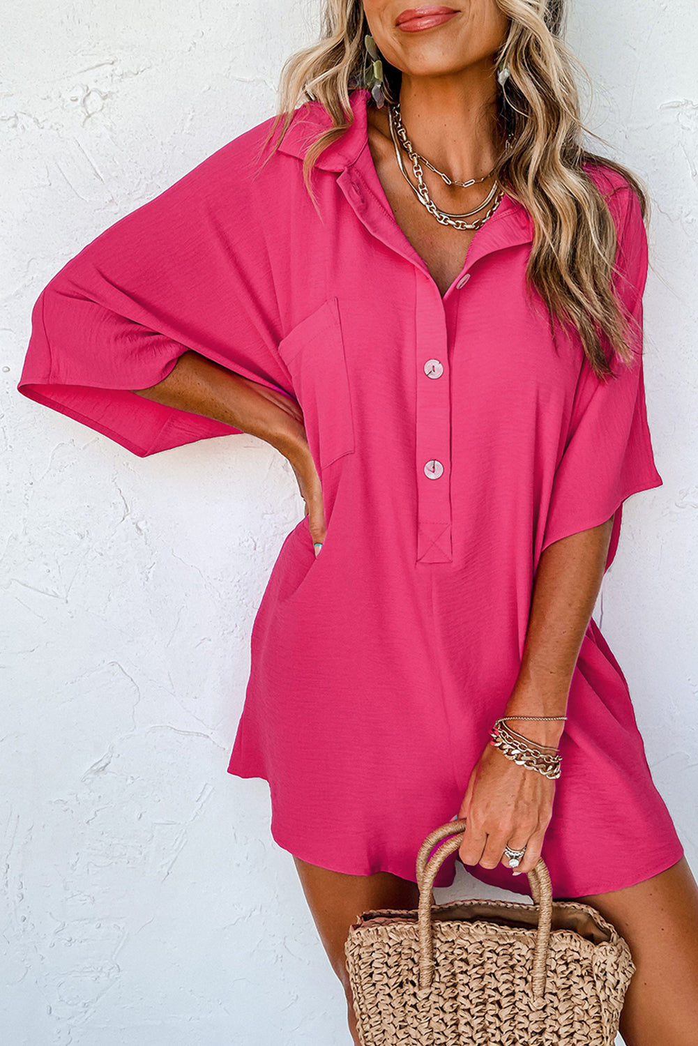 Black Collared Button Front Loose Fit Romper