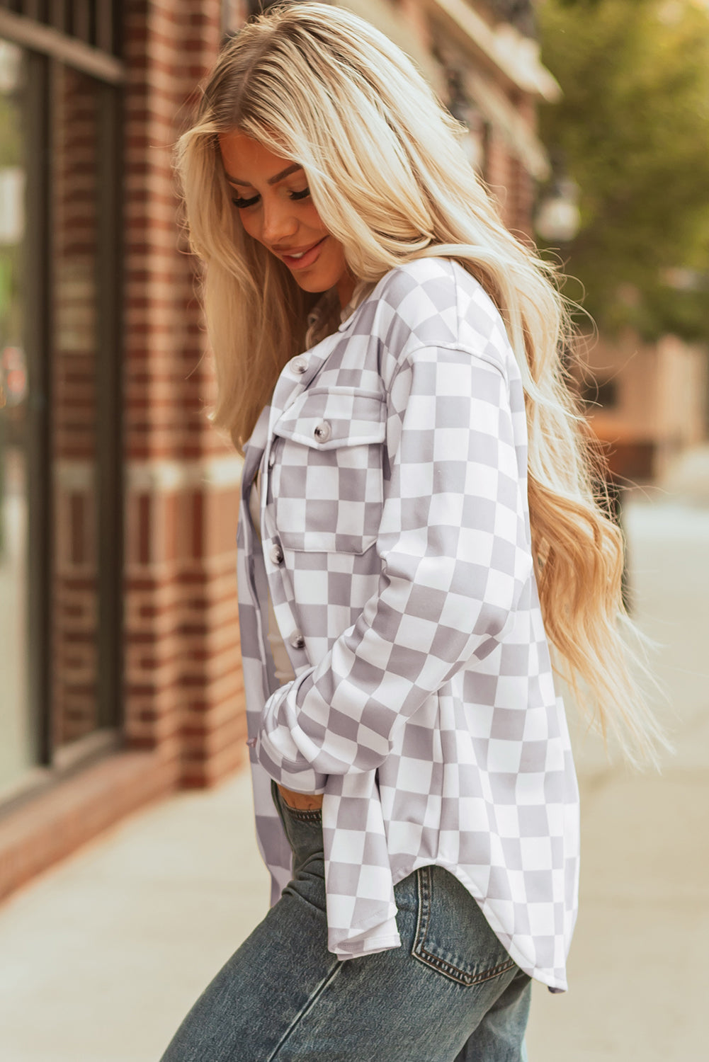 Checkerboard Print Flap Pocket Button Front Shacket