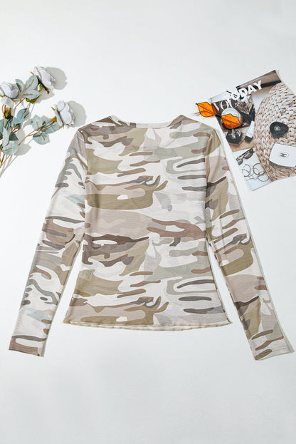Western Camo Mesh Long Sleeve Top for Women