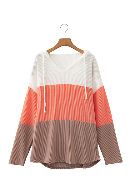 Gold Flame Ribbed Color Block Hooded Long Sleeve Casual Top