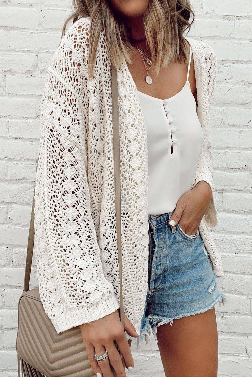 Chic Hollow Out Knit Cardigan with Drop Shoulders