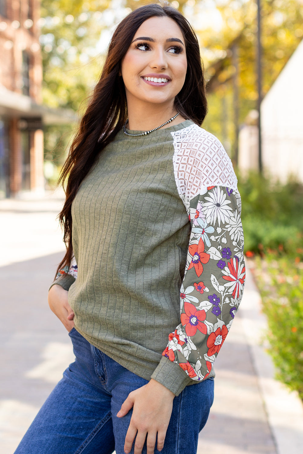 Parchment Floral Patchwork Long Sleeve Ribbed Blouse