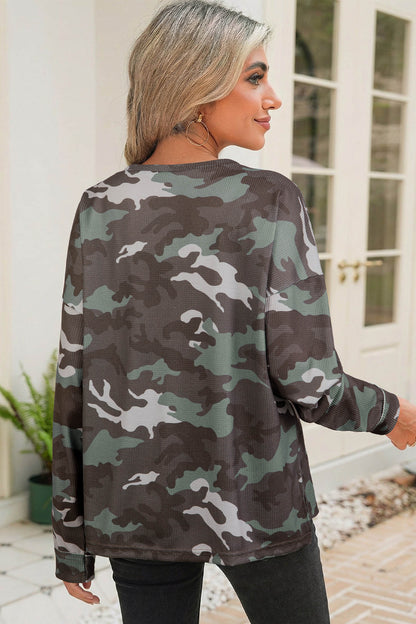 Green Camo Textured Drop Shoulder Long Sleeve Top