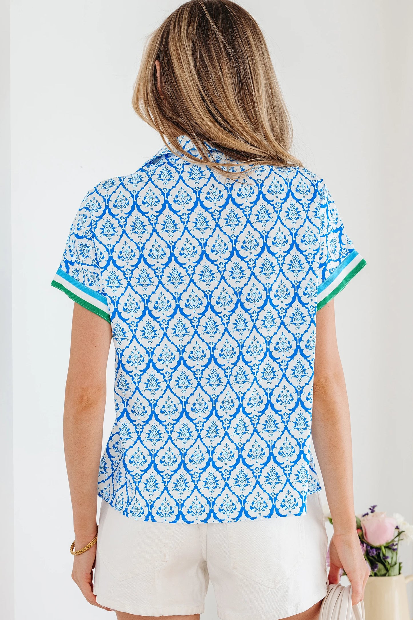 Boho Print Blouse Women Zip Neck Short Sleeve Top