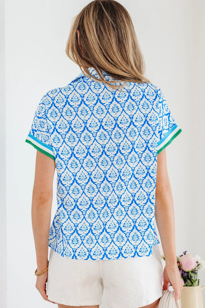 Boho Print Blouse Women Zip Neck Short Sleeve Top