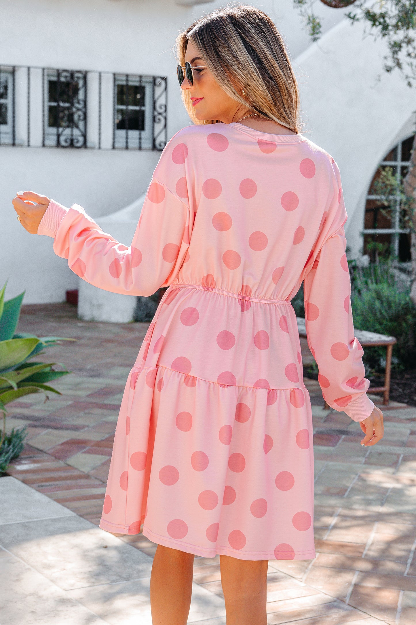 Pink Polka Dot Long Sleeve Tiered Mini Dress