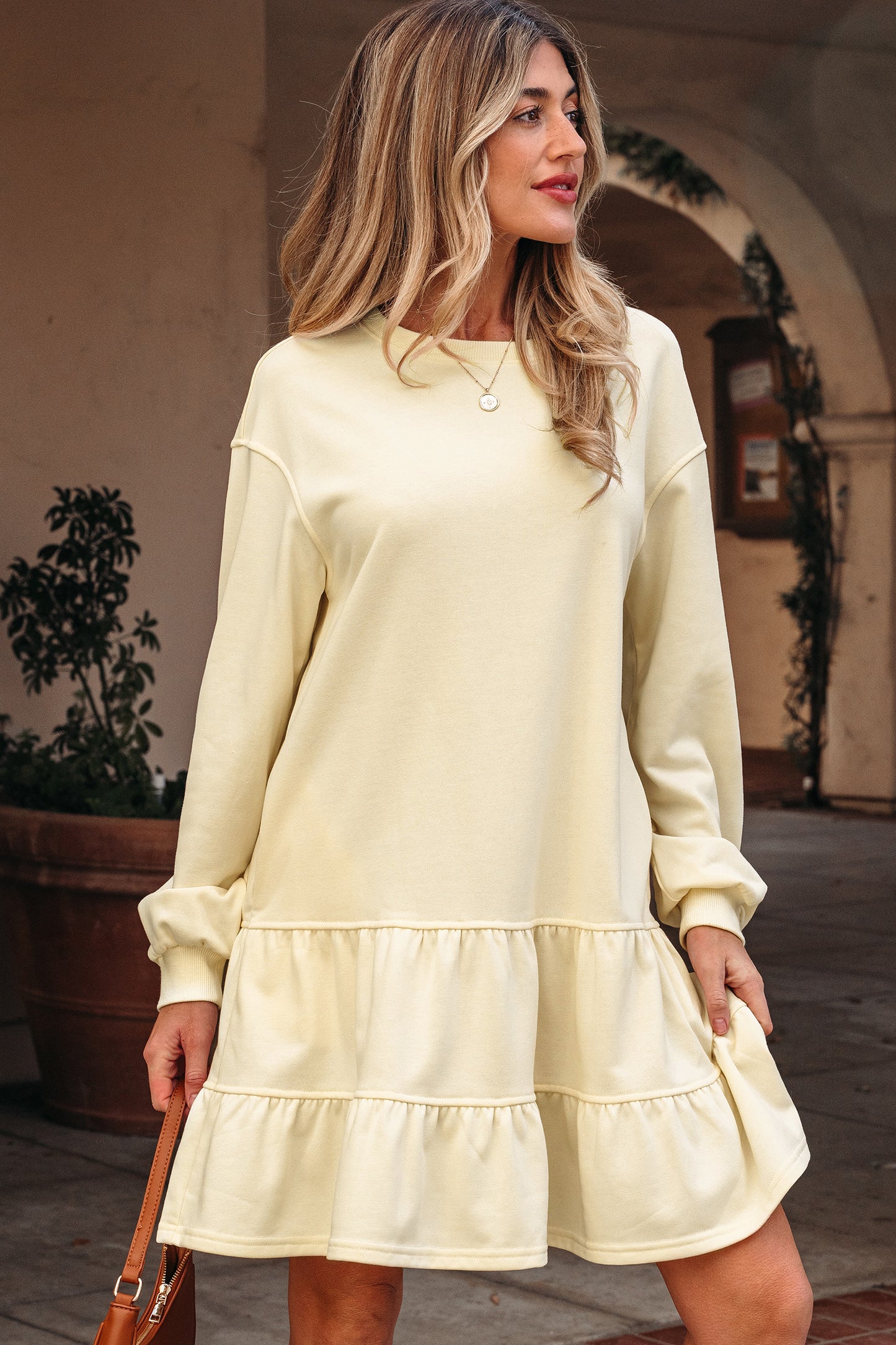 Beige Ruffle Hem Long Sleeve Loose Casual Mini Dress