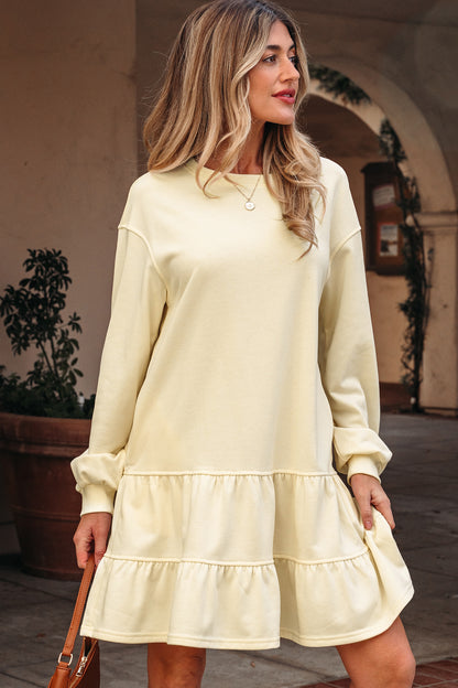 Beige Ruffle Hem Long Sleeve Loose Casual Mini Dress