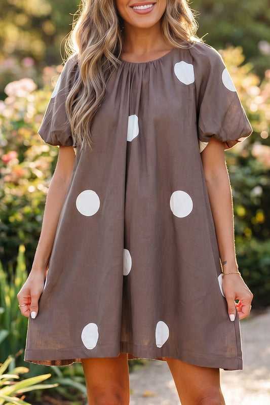 Brown Polka Dot Puff Sleeve Loose Fit Mini Dress