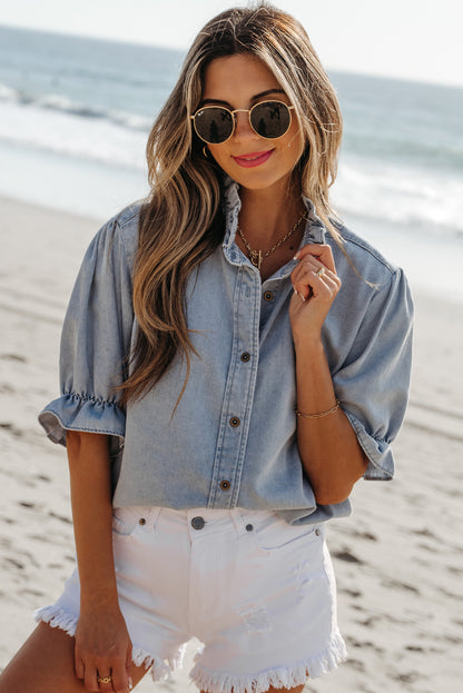 Light Wash Chambray Puff Sleeve Button Up Shirt