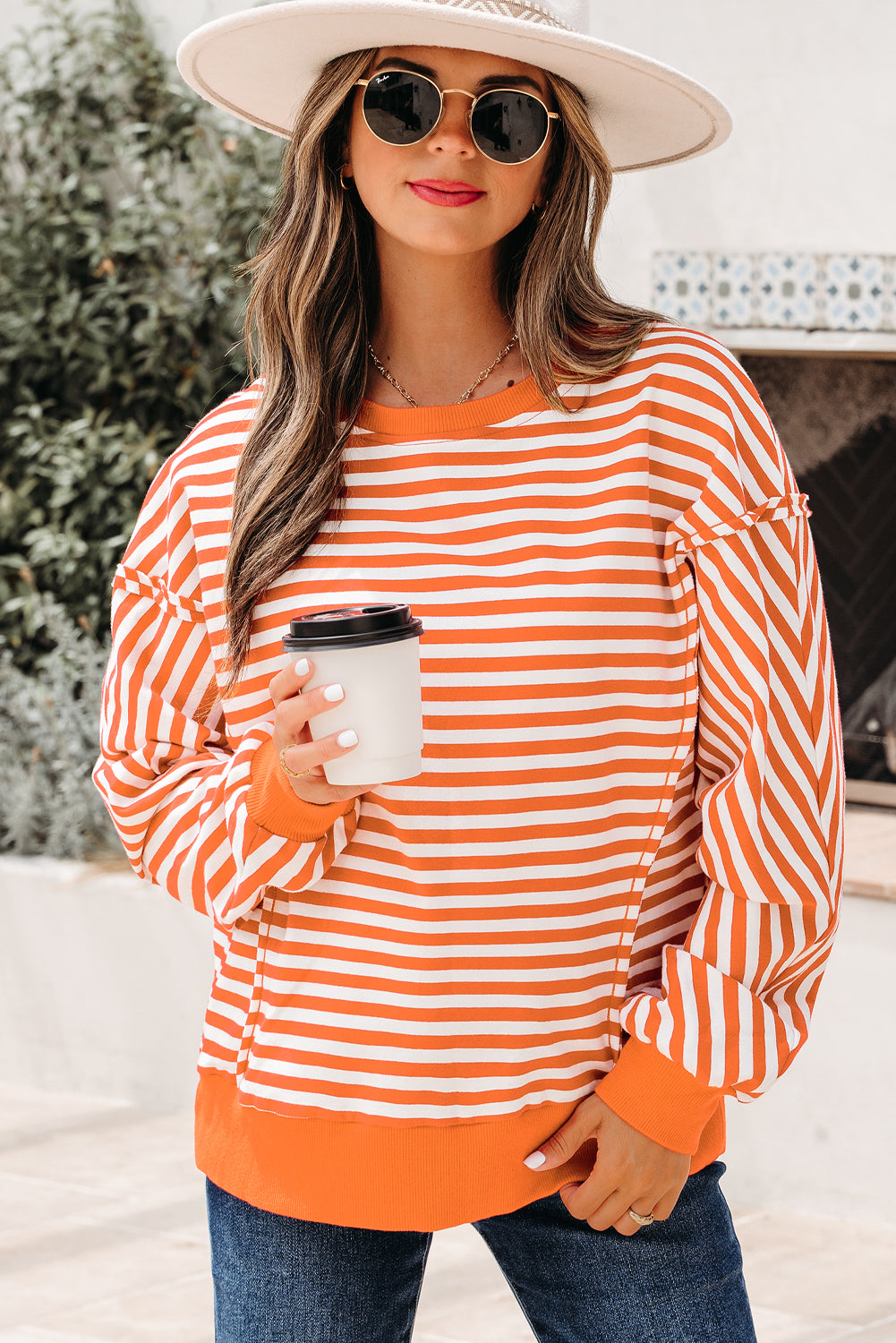 Red Stripe Oversized Pullover Exposed Seam Long Sleeve Top