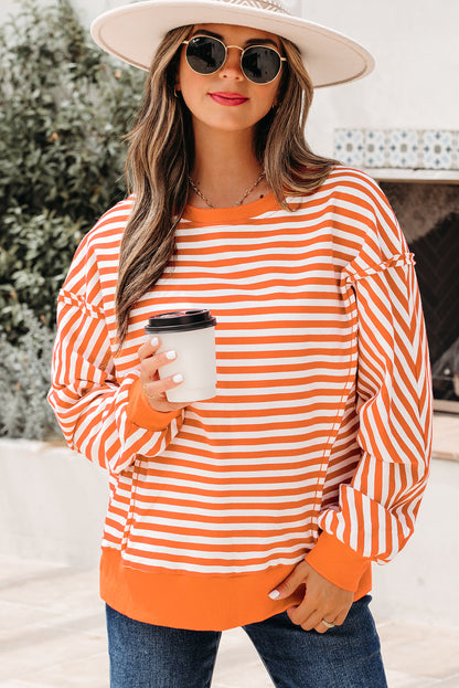 Red Stripe Oversized Pullover Exposed Seam Long Sleeve Top